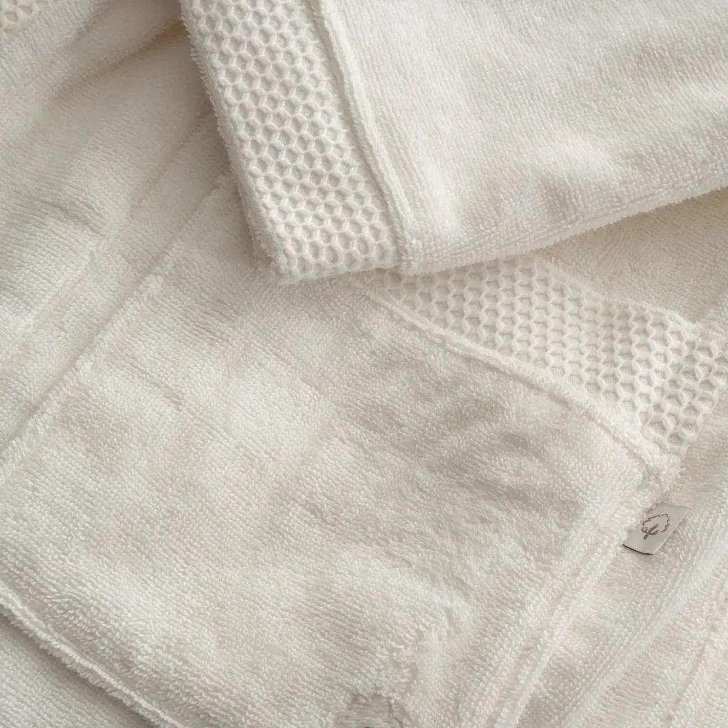 جزئیات در طراحی حوله پالتویی زنانه اکوکتان مدل پیور کتان رنگ کرم